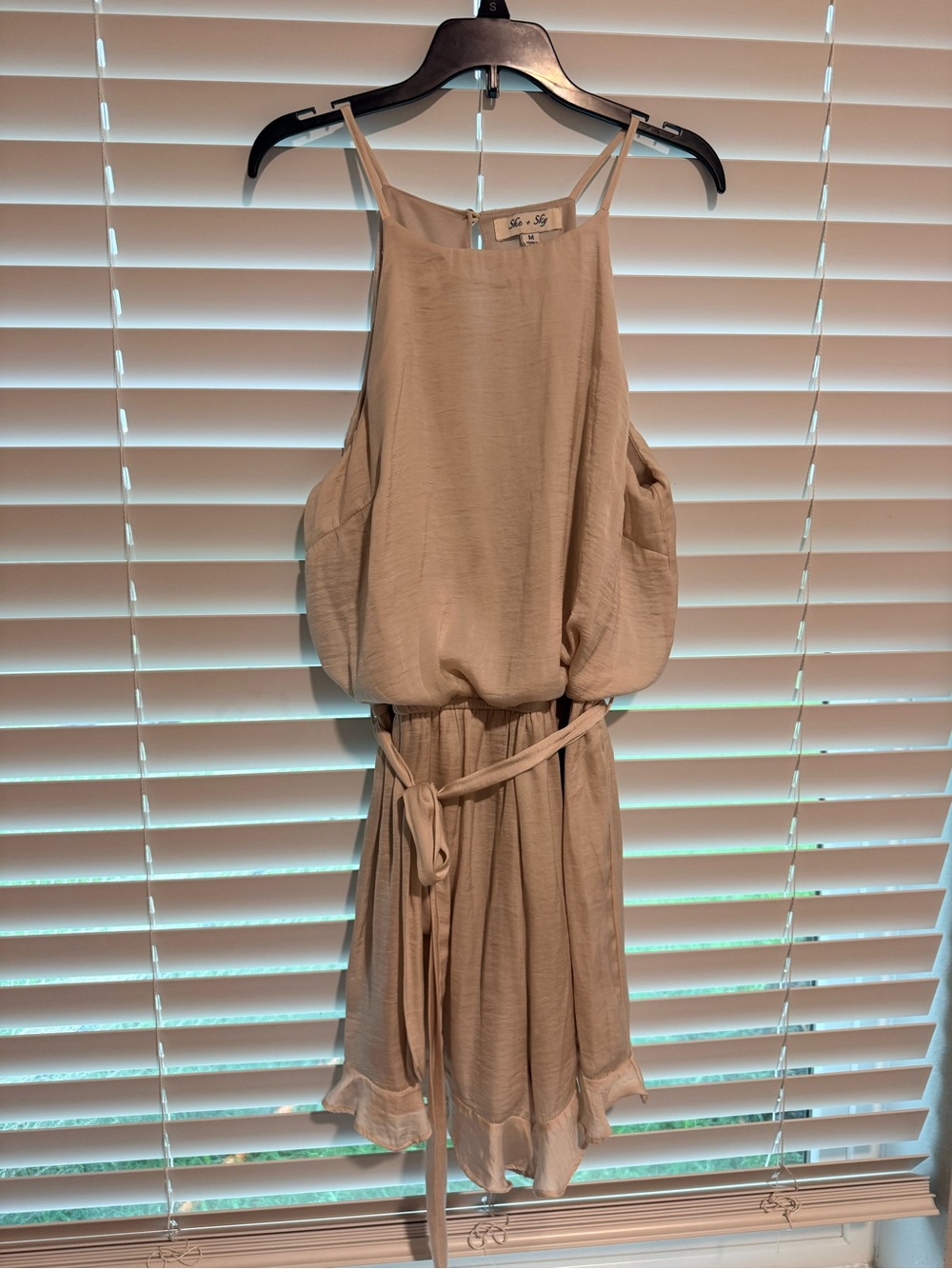 She + Sky Light Beige Sleeveless Belted Mini Dress